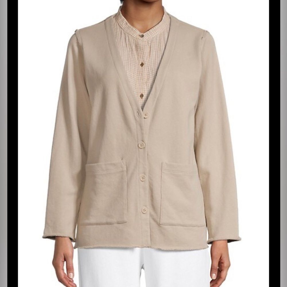 Eileen Fisher Cotton Terry V-Neck Cardigan Jacket Size Large‎ Tan